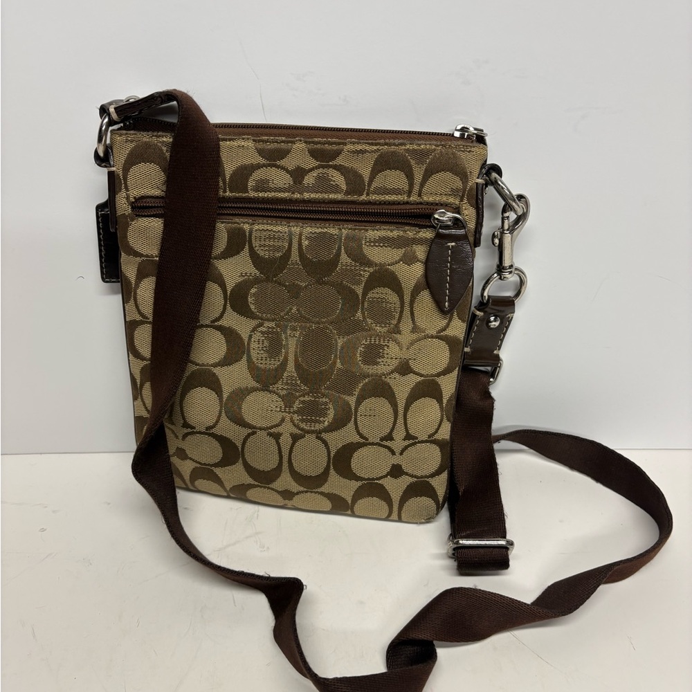 Coach Womens Signature Canvas Crossbody Bag in Khaki Brown Leather Trim - Picture 6 of 10